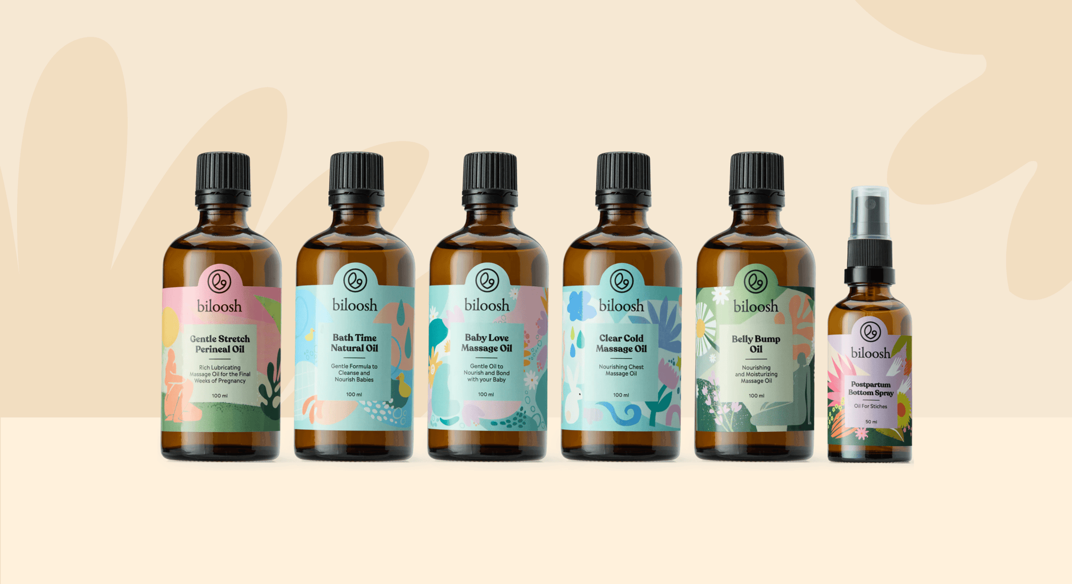 Biloosh full product lineup: six massage oils and a postpartum spray